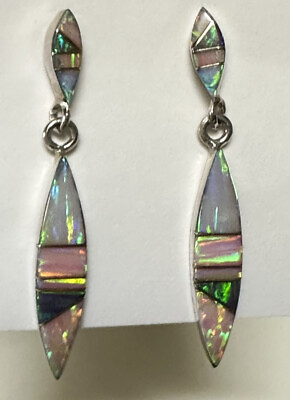 #ad Sterling Silver Opal Inlay Dangle Earrings Native American $275.00