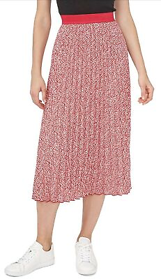 #ad Vince Camuto Women#x27;s Red Pink amp; Ivory Pleated Elastic Waist Midi Skirt New $17.59