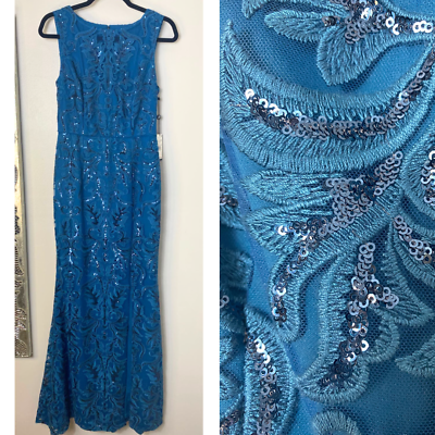 #ad ADRIANNA PAPELL SEQUIN EMBROIDERED MAXI DRESS LONG GOWN BLUE SLEEVELESS 4 NEW $199.00