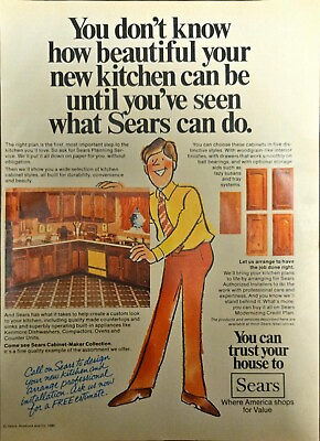 #ad 1980 Sears Vintage Print Ad Remodeling Your Kitchen Cabinets Cartoon Man $13.95