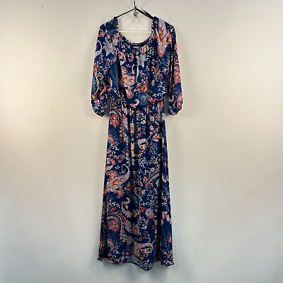 Bisou Womens 6 Dress Blue Pink Floral Woven Long Maxi 3 4 Balloon Sleeve 22014 $20.30