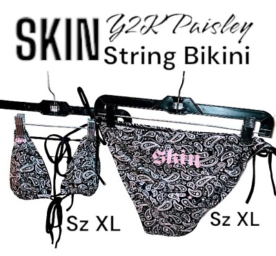 #ad SKIN INDUSTRIES Y2K XL Blk Wht Paisley Pink Spellout Logo String Bikini 2pc Set $32.77