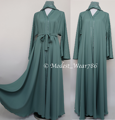 #ad Dubai Abaya Open Umbrella Flare Muslim Women Modest Maxi Dress Rhinestones Sage $65.00