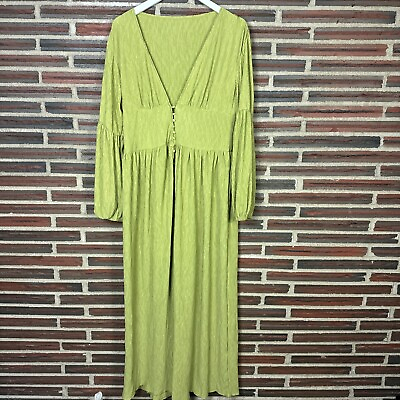 #ad Green Maxi Dress Button V Neck Open Front Long Sleeve Casual Boho Flowy Sundress $18.99