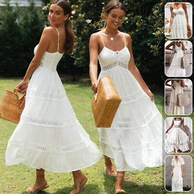 Women Maxi Dress Long Holiday Boho Lace V Neck Ladies short sleeve Summer NEW $25.75