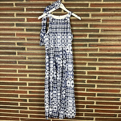 #ad Chaps Casual Dress Maxi Long Sleeveless Blue White Geometric Zip Womens Size 12P $16.99