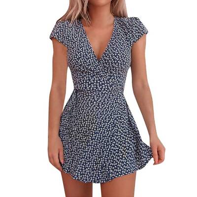 #ad Summer Women Sundress Boho V Neck Floral Print New Short Sleeve Beach Mini Dress $15.83