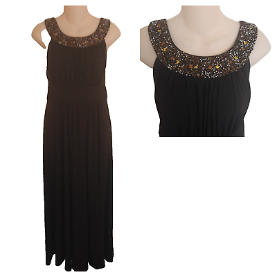 NWT Womens Size PM Petite Medium Cocktail Black Long Dress Gown Beaded Neckline $39.00