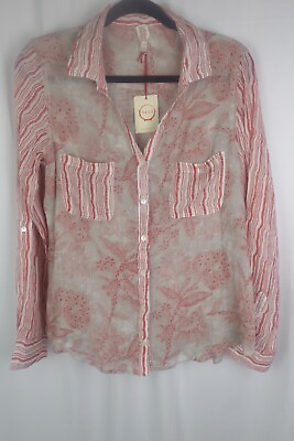 #ad Raga Anthropologie Boho Peasant Floral Sheer Top Size L Red Cotton Blouse Button $28.00