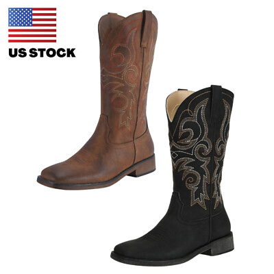 SheSole Womens Wide Square Toe Western Black Brown Cowgirl Cowboy Boots Mid Calf $68.39