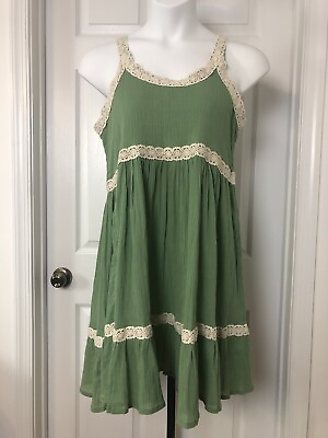 #ad Natura Short Sundress Womens XL Green Sleeveless Crochet Lace Trim Cut Out Back $19.99