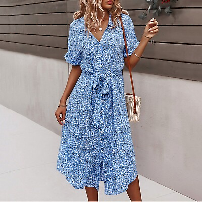 #ad Women#x27;s Dresses Summer Boho Casual Button Print Lace Up Maxi Beach Midi Dress $20.02