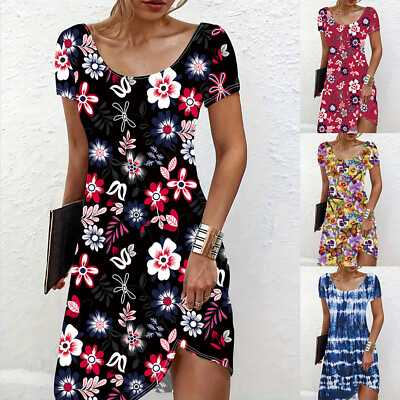 #ad NEW Womens Summer Floral Printed Round Neck Midi Dress Ladies Slim Fit Sundress $19.71
