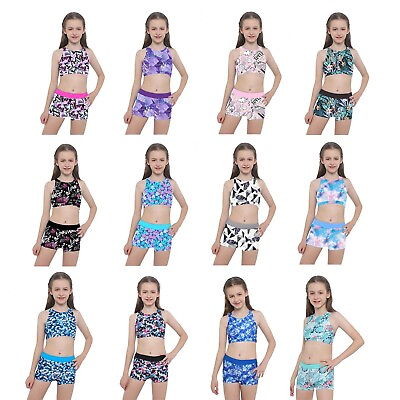 #ad 2PC Kids Girl Swimsuit Sleeveless Crisscross Back Printed TopBoyshorts Swimwear $15.26