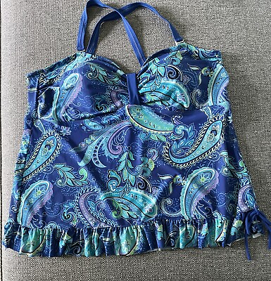 #ad Beach Diva Plus Size 20W Blue Paisley Print Ruffle Hem Tankini Swimsuit Top $16.00