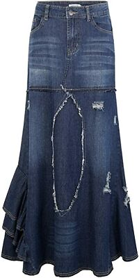 Women#x27;s Distressed Packaged Hip Irregular Ruffle Tiered Maxi Denim Skirt $18.99