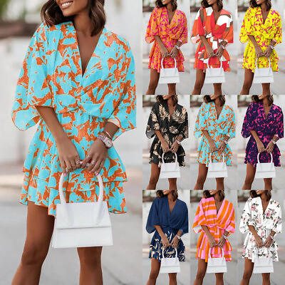 Women Boho V Neck Casual Loose Dresses Ruffle Holiday Beach Mini Dress Plus Size $20.23