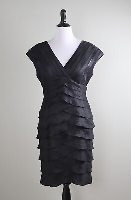 #ad ADRIANNA PAPELL $149 Black Sheen Tiered Mesh Cocktail Evening Dress Size 14 $49.99