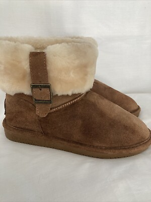 #ad Bearpaw Boots Brown Suede Wool Sherpa Cuff Side Buckle Cute Size 8 New ***Read** $25.00