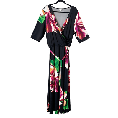 #ad Olivia Mathews Short Sleeve Crossover V Neck Tie Waist Floral Maxi Dress Size 1X $25.00