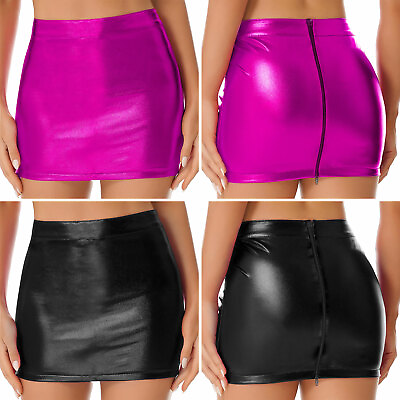 #ad Womens Wet Look Bodycon Mini Skirt O Ring Zipper Front Casual Mini Pencil Skirt $9.56