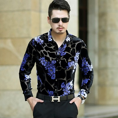 #ad Mens Print Velvet Silk Long Sleeves Shirt Business Floral Party Dress Shirts sz $81.90