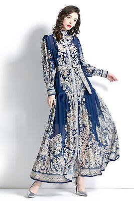 #ad Chic amp; Elegant Paisley Long Puff Sleeve Mock Neck Belted Modest Party Dress $39.95