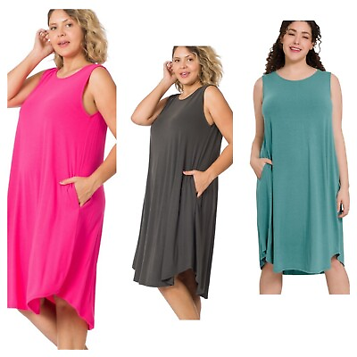 #ad Zenana Dress Womens Plus Size Sleeveless Shift Pockets Below Knee Asst. 1X 2X 3X $17.99