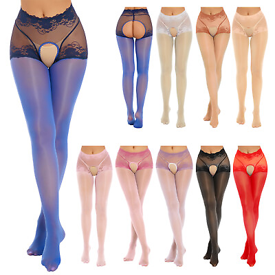 Womens Oil Glossy Crotchless Pantyhose Stockings Stretchy Tights Sports Lingerie $4.39