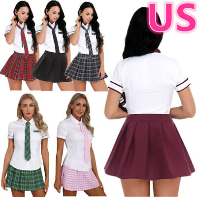 #ad US Women School Girl Uniform Fancy Dress Lingerie Cosplay Top Skirt Costume 3PCS $16.27