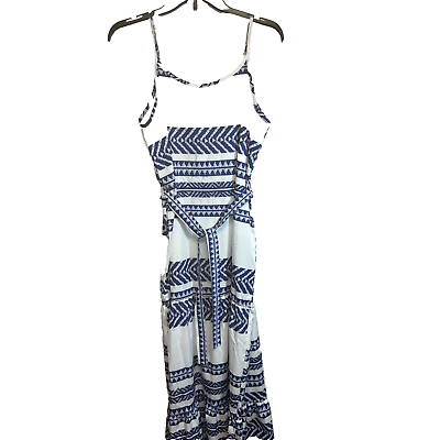 #ad Boho Maxi Dress Size L White amp; Grecian Blue Tiered Hem Belted Waist $16.98
