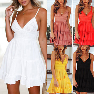 #ad Women Boho V Neck Lace Mini Dress Ladies Casual Holiday Summer Beach Sundress*US $9.39