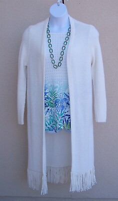#ad Chico#x27;s long white long fringe sweater size 2 L SPRING EASTER jacket duster top $34.93