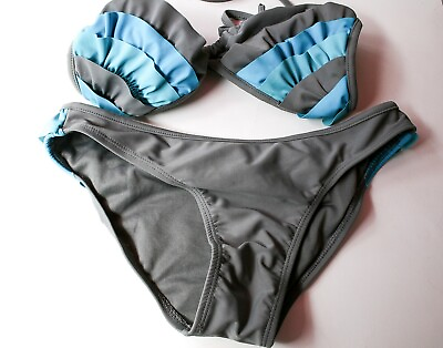 #ad #ad Wet Seal Bikini Gray w Teal Ruffles Triangle Top Bottom Size M Top is Size XL $13.97