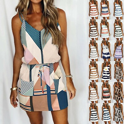 Women#x27;s Summer Strappy Mini Dress Ladies V Neck Stripe Vest Sun Dresses Beach $18.99