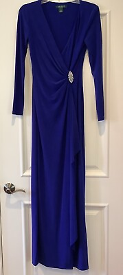 #ad Lauren Ralph Lauren Evening Dress Size 4 Long Royal Blue Side Slit Long Sleeves $44.00