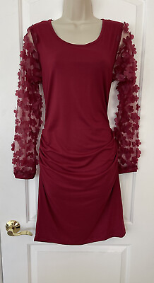 #ad Burgundy Formal L Floral Embroidery Rouched Cocktail Party Dress Long Sleeve $35.76