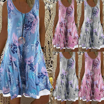 #ad Womens Boho Print Summer Mini Dress Casual Beach Sleeveless Sun Dress Plus Size $17.99