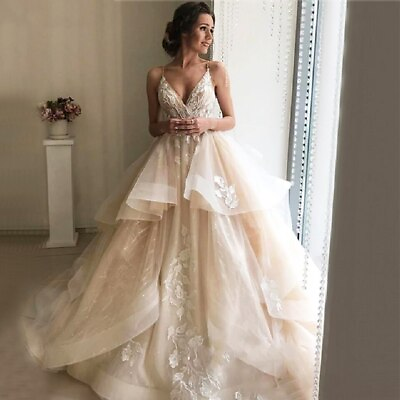 Champagne Floral Lace Beach Wedding Dresses Sexy Backless Ruffles Puffy Gowns $139.23