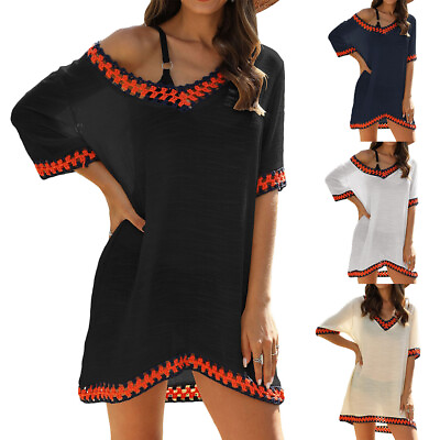 #ad Women#x27;s Swimsuit Cover Up V Neck Soft Crochet Beach Dress Short Sleeve Coverup $16.99