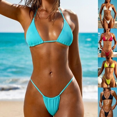 #ad Women micro Bikini Swimwear Ribbed Thong Beachwear Swimsuit Lace Up Bathing suit $12.99