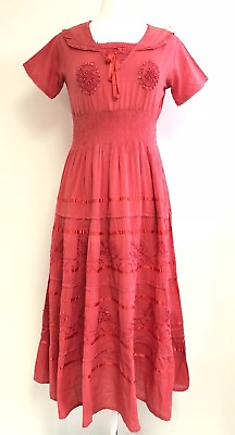 #ad Ladies Cotton Boho Peasant Crochet Tiered Embroidered Smocked Maxi Dress NWT Samp;M $25.99