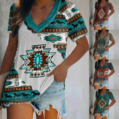 Women#x27;s V Neck Short Sleeve Summer T Shirt Casual Boho Ethnic Loose Plus Tops $12.96