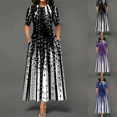 #ad Lady Printed Evening Women Dots Maxi Dresses Formal Dress Party Fashion UK Neck $25.17