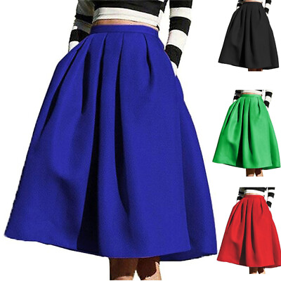 #ad FACE N FACE Women Zipper High Waist A Line Pleated Full Midi Retro Pocket Skirt $18.99