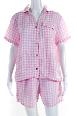 #ad #ad Frankies Bikinis Women Gingham Button Up Shirt Shorts Set Pink Linen Small Large $42.69