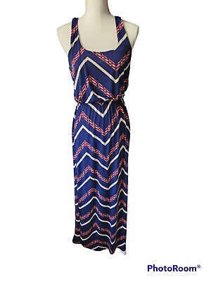 #ad Trixxi Long Maxi Blouson Dress Womens Size S Navy blue red Sleeveless geometric $12.00