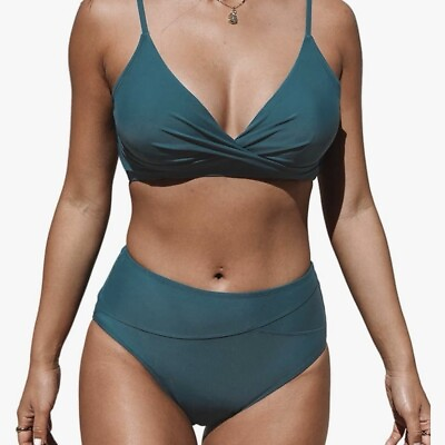 #ad CUPSHE Women#x27;s Bikini Sets Two Piece Swimsuit High Waisted V Neck Twist Front XL $15.00