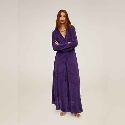 #ad Mango Pleated Maxi Dress Long Sleeve Royal Purple Size 8 $38.00